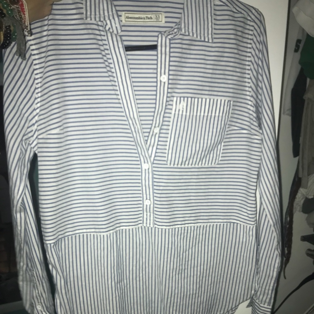 Long sleeve button down blue white striped blouse